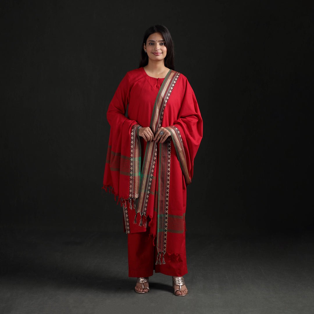 Red - Dharwad Cotton Suit Set With Dupatta For Women 10