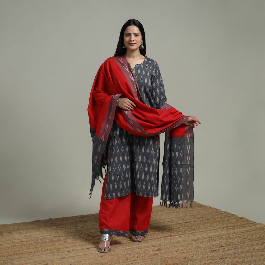 Pochampally Ikat Cotton Suit Set With Dupatta For Women 13 by itokri, South Asian ethnic wear