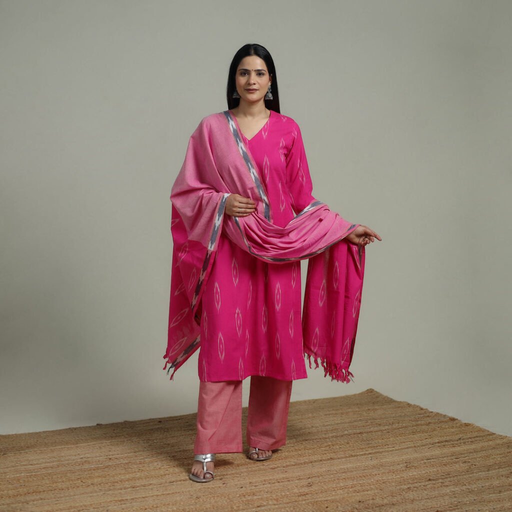 Pochampally Ikat Cotton Suit Set With Dupatta For Women 07 by itokri, South Asian ethnic wear