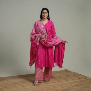 Pochampally Ikat Cotton Suit Set With Dupatta For Women 07 by itokri, South Asian ethnic wear