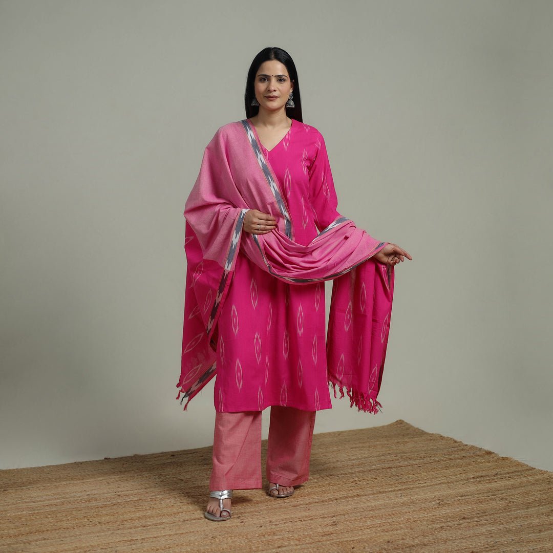 Pochampally Ikat Cotton Suit Set With Dupatta For Women 07 by itokri, South Asian ethnic wear