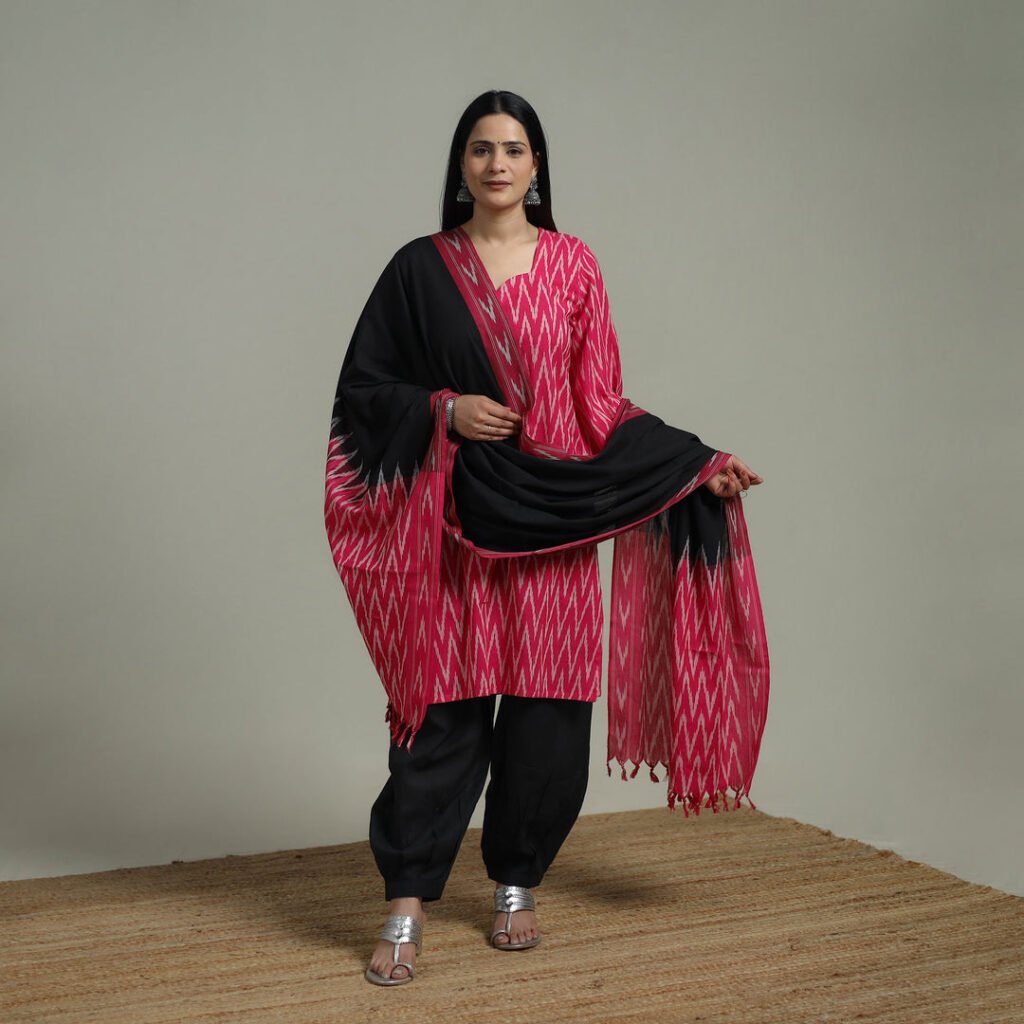 Pochampally Ikat Cotton Suit Set With Dupatta For Women 05 by itokri, South Asian ethnic wear