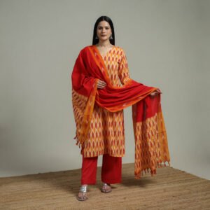 Pochampally Ikat Cotton Suit Set With Dupatta For Women 08 by itokri, South Asian ethnic wear