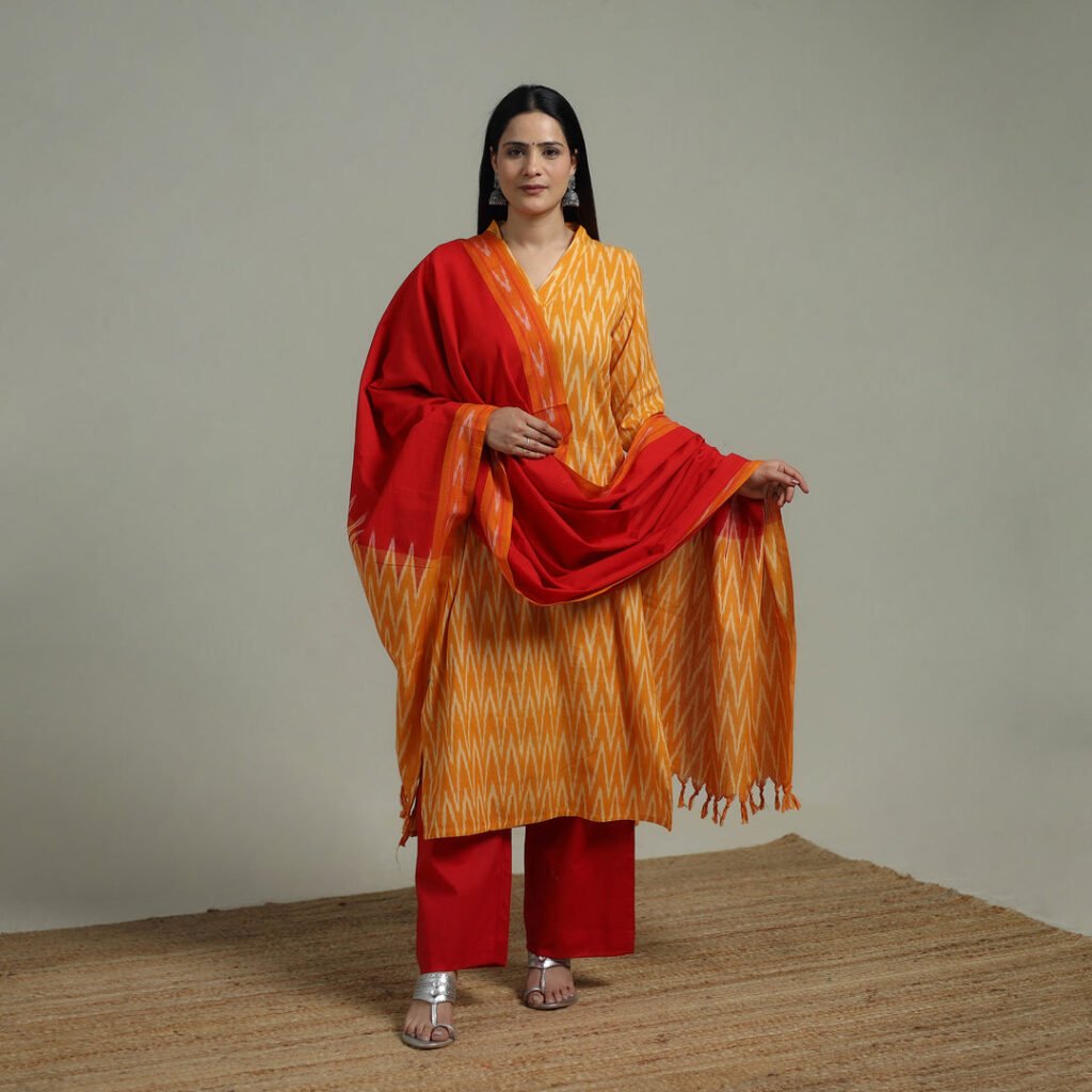 Pochampally Ikat Cotton Suit Set With Dupatta For Women 19 by itokri, South Asian ethnic wear