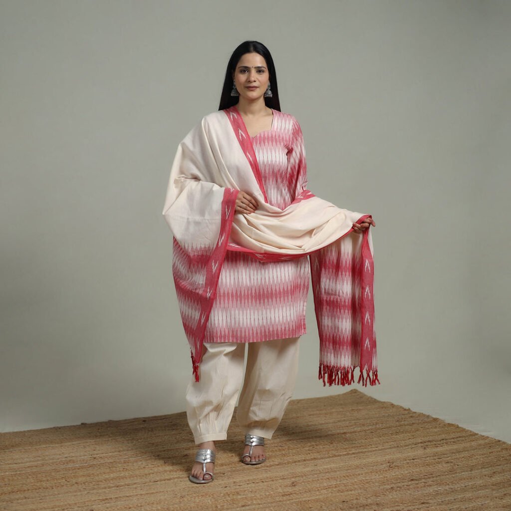 Pochampally Ikat Cotton Suit Set With Dupatta For Women 02 by itokri, South Asian ethnic wear