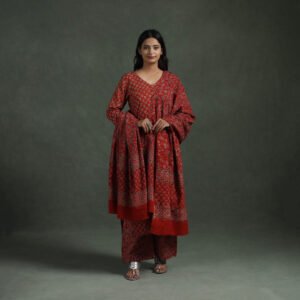 Red – Ajrakh Hand Block Print Natural Dyed Cotton Suit Set With Dupatta For Women 02 by itokri, South Asian ethnic wear