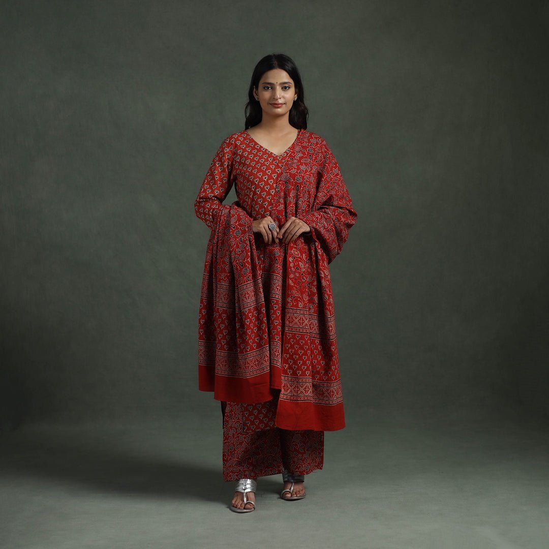 Red – Ajrakh Hand Block Print Natural Dyed Cotton Suit Set With Dupatta For Women 02 by itokri, South Asian ethnic wear