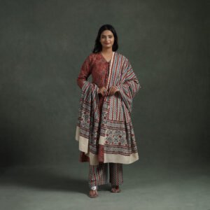 Red – Ajrakh Hand Block Print Natural Dyed Cotton Suit Set With Dupatta For Women 08 by itokri, South Asian ethnic wear