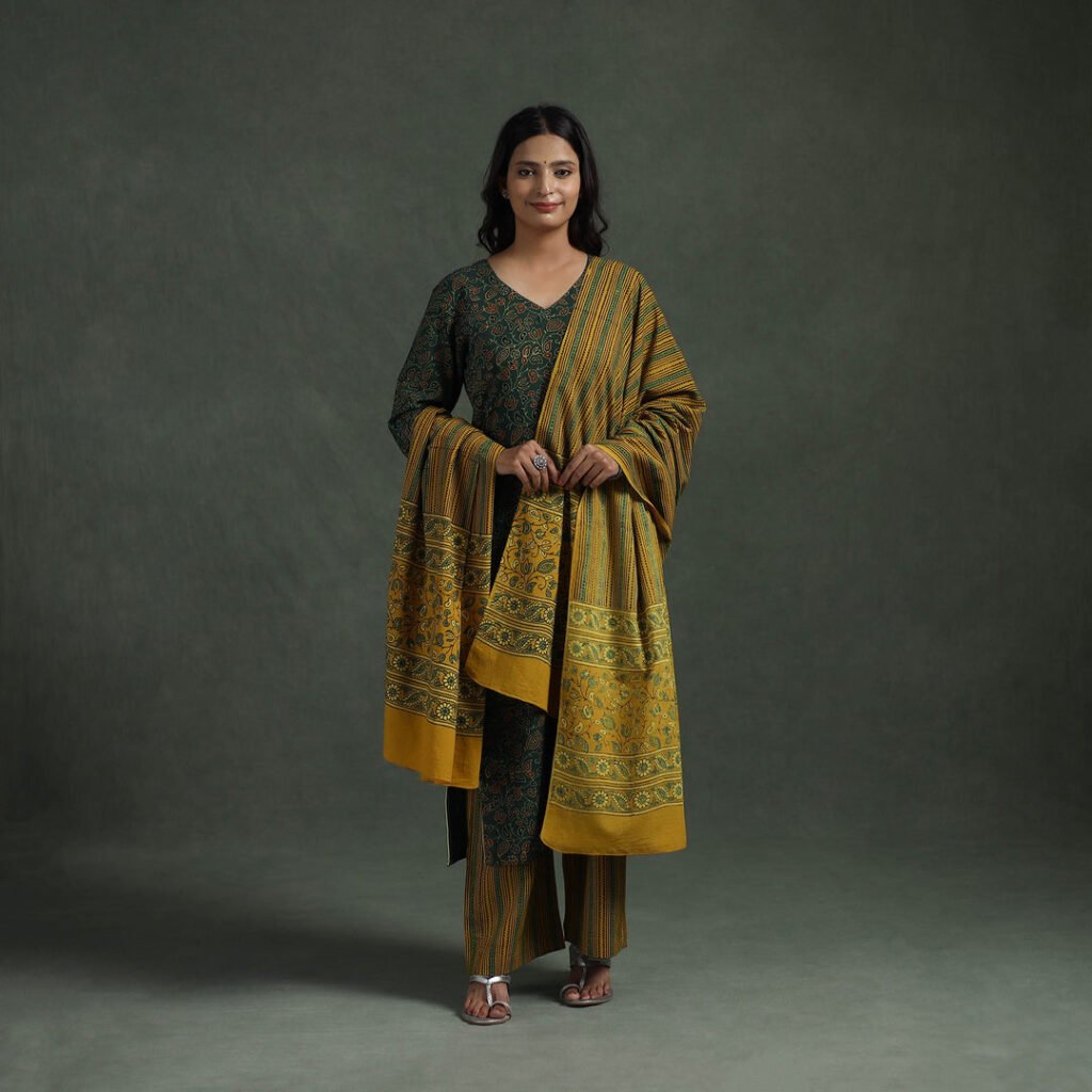 Green – Ajrakh Hand Block Print Natural Dyed Cotton Suit Set With Dupatta For Women 04 by itokri, South Asian ethnic wear