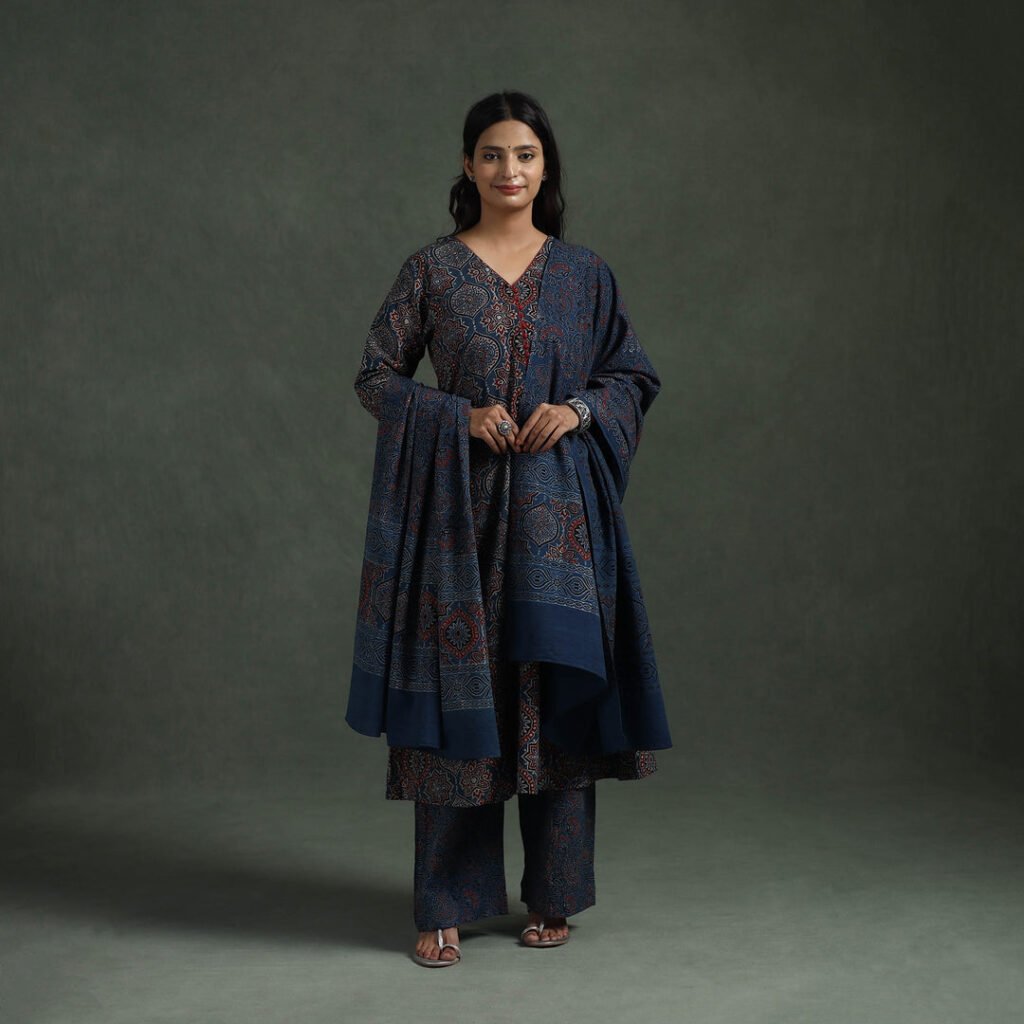 Blue – Ajrakh Hand Block Print Natural Dyed Cotton Suit Set With Dupatta For Women 06 by itokri, South Asian ethnic wear
