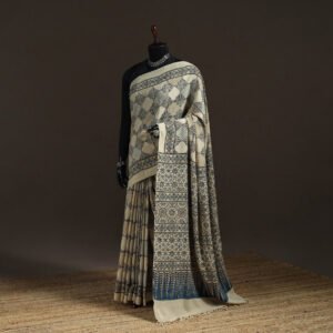 Beige - Handwoven Merino Wool Natural Dyed Hand Block Print Ajrakh Saree 01