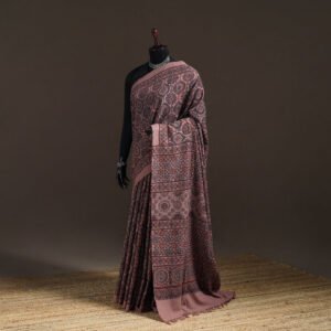 Brown - Handwoven Merino Wool Natural Dyed Hand Block Print Ajrakh Saree 02