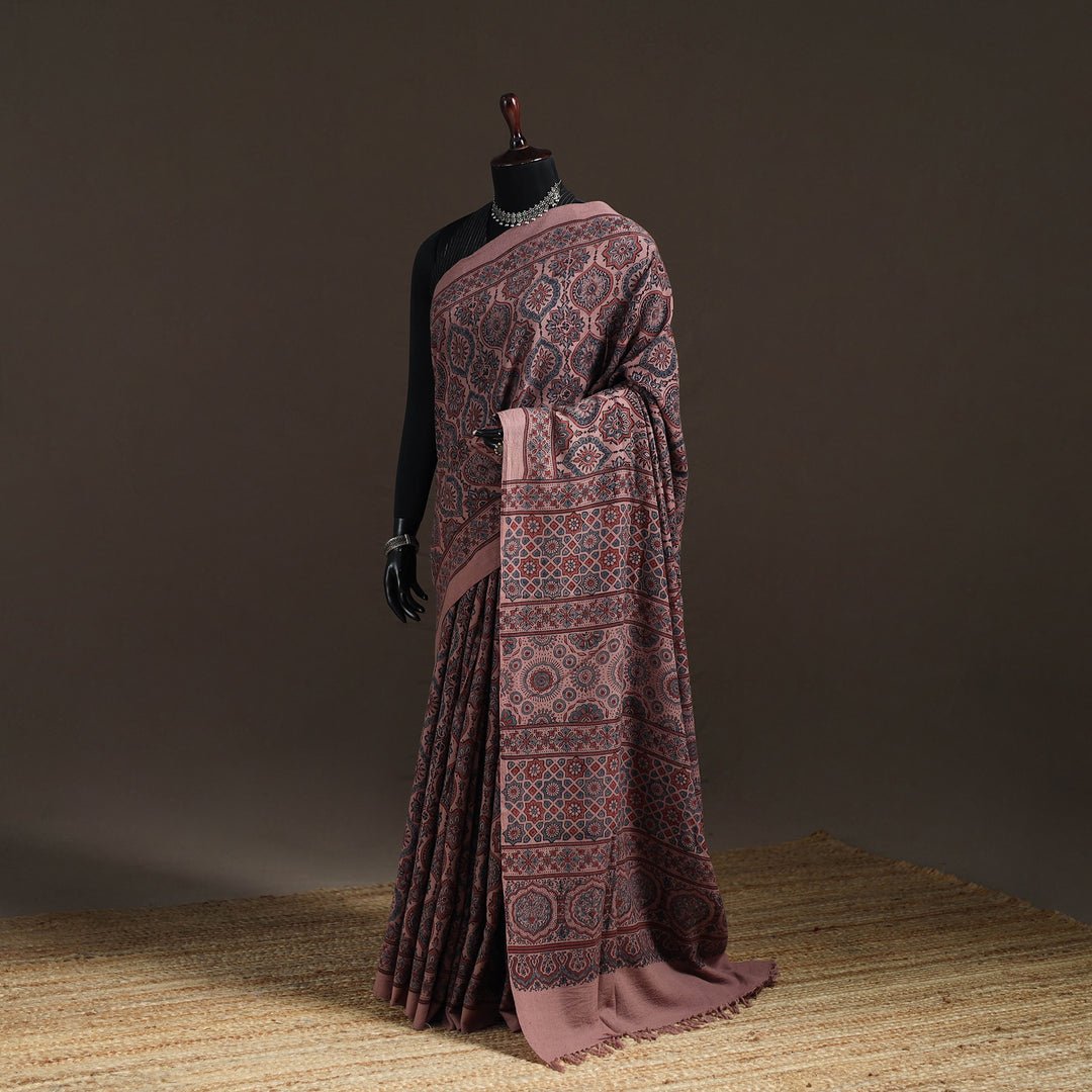 Brown – Handwoven Merino Wool Natural Dyed Hand Block Print Ajrakh Saree 02 by itokri, South Asian ethnic wear