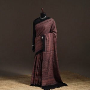 Peach – Handwoven Merino Wool Natural Dyed Hand Block Print Ajrakh Saree 03 by itokri, South Asian ethnic wear
