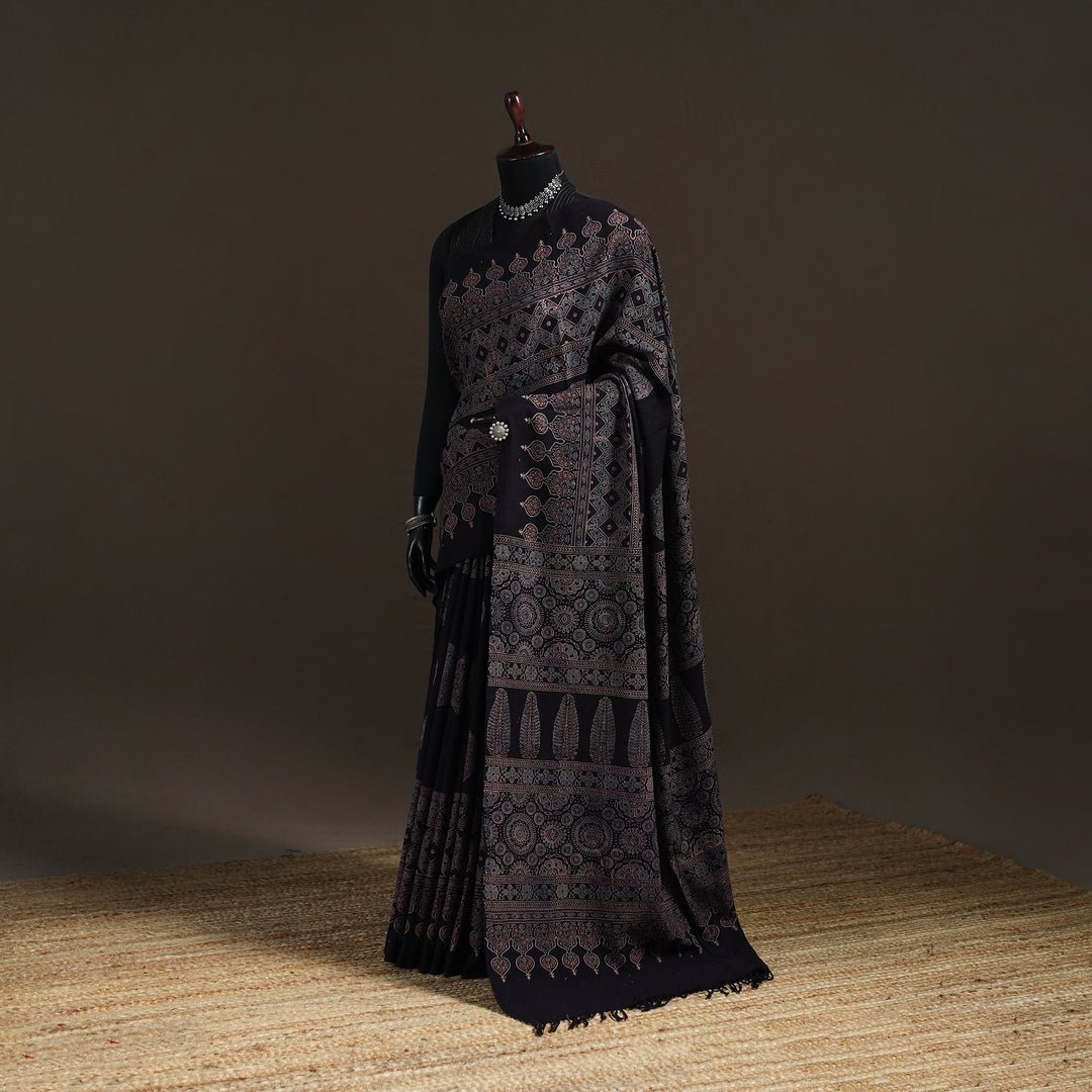 Black - Handwoven Merino Wool Natural Dyed Hand Block Print Ajrakh Saree 12