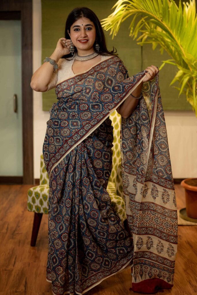 Ajrakh Natural Dyed Kota Doria Saree by The Indian Ethnic Co., South Asian ethnic wear