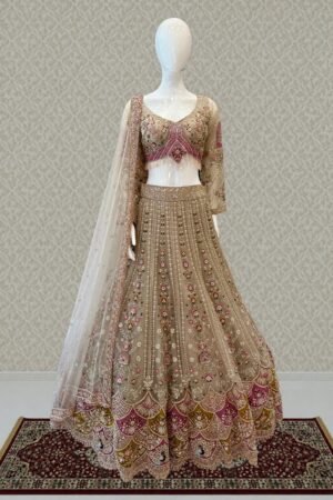 Chiku Beads, Sequins And Embroidery Work Crop Top Designer Bridal Lehenga by Seasons Chennai, South Asian ethnic wear