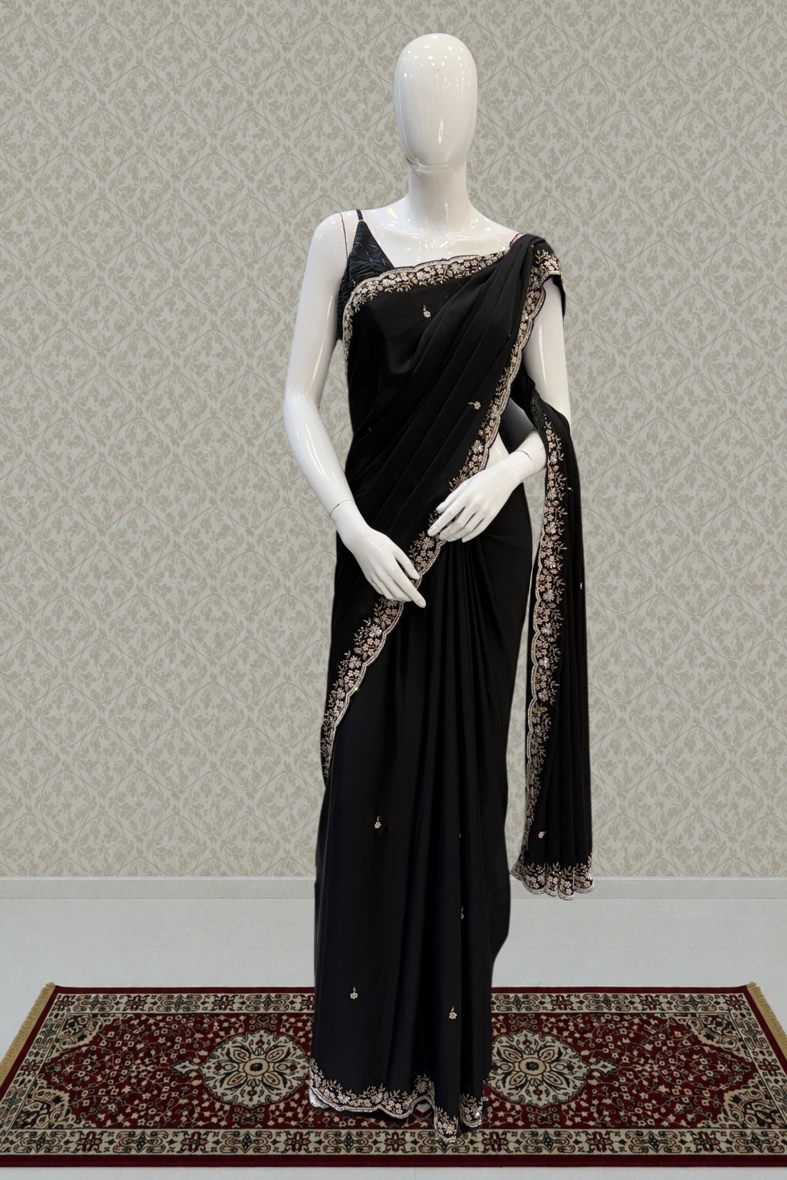 Black Satin Saree Featuring Exquisite Stone, Bead, Zardozi And Sequins by Seasons Chennai, South Asian ethnic wear