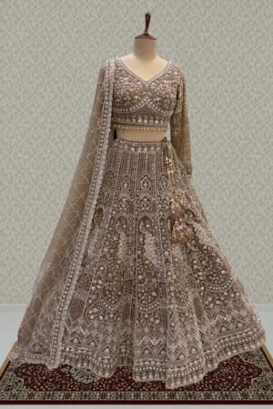 Copper Sequins, Pearl And Zari Work Flared Lehenga Set With Peacock Motifs by Seasons Chennai, South Asian ethnic wear