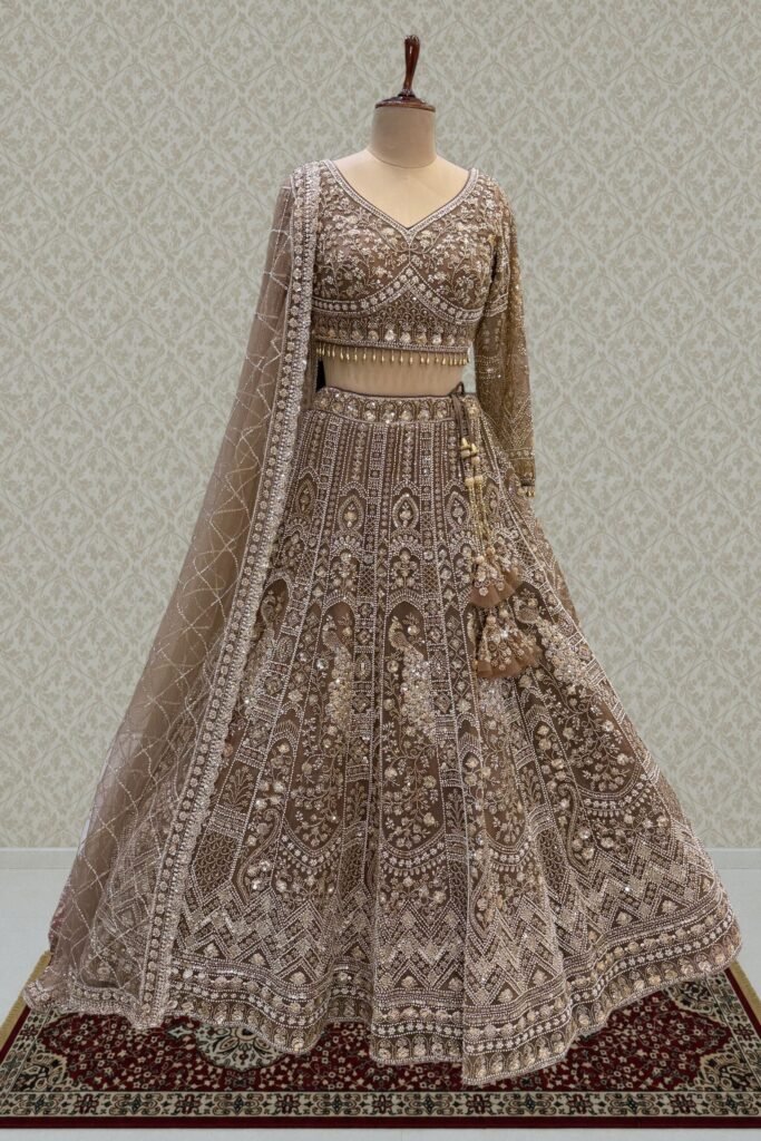 Copper Sequins, Pearl And Zari Work Flared Lehenga Set With Peacock Motifs by Seasons Chennai, South Asian ethnic wear