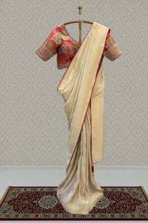 Cream Banaras Work Saree With Beads, Zari And Sequins Work Readymade Blouse by Seasons Chennai, South Asian ethnic wear