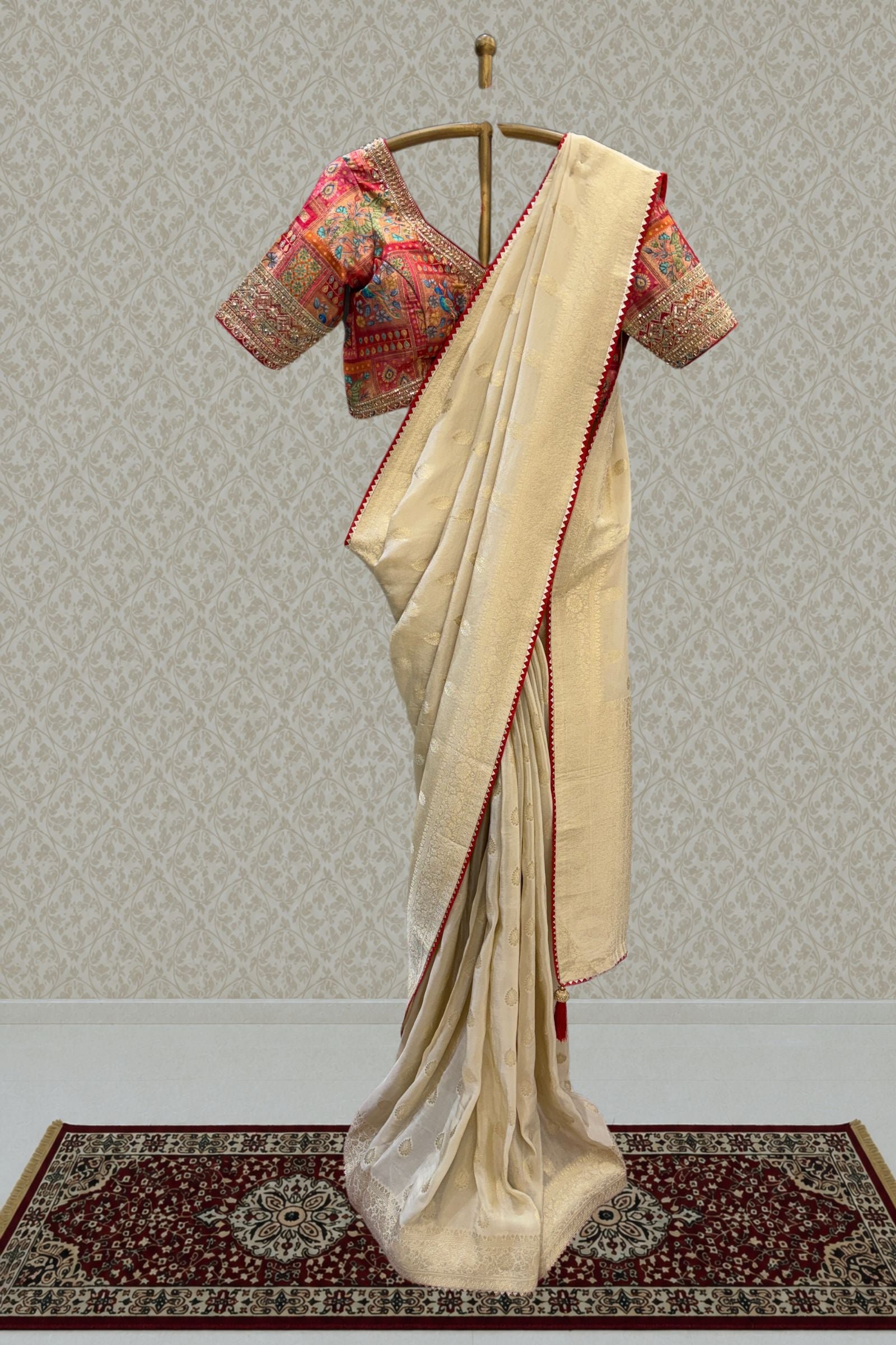 Cream Banaras Work Saree With Beads, Zari And Sequins Work Readymade Blouse