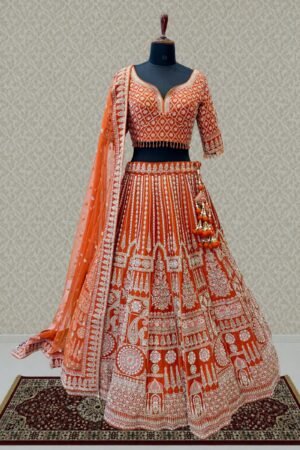 Rust Handworked Zardozi, Sequins, Pearl And Beads Work Crop Top Designer Bridal Lehenga by Seasons Chennai, South Asian ethnic wear
