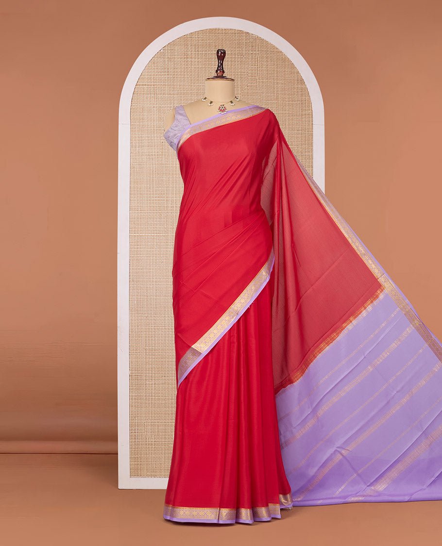 Red Plain Mysore Silk Saree, Complemented By A Contrast Flower Zari Design Border, Zari Striped Pallu, And Paired With A Contrast Blouse by Pothys, South Asian ethnic wear