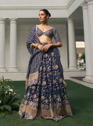 Riwaayat Organza Navy Lehenga by Mulmul, South Asian ethnic wear