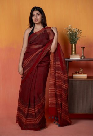 Red Mughal Ajrkah Hand Block Print Kota Doria Saree by The Indian Ethnic Co., South Asian ethnic wear