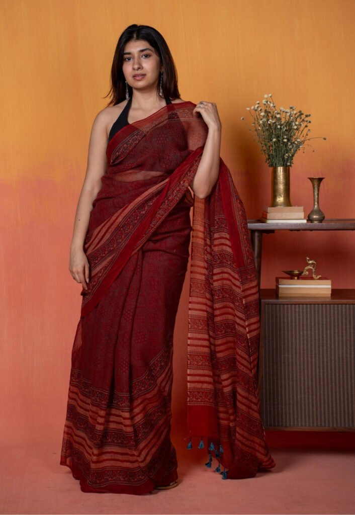 Red Mughal Ajrkah Hand Block Print Kota Doria Saree by The Indian Ethnic Co., South Asian ethnic wear