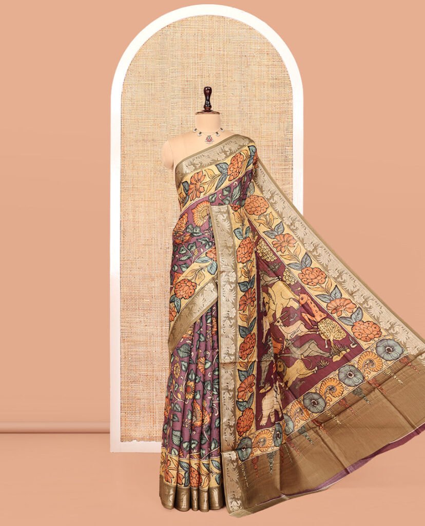 Brown Kalamkari Printed Semi-Banarasi Tussar Saree, Boldly Accentuated With Flora-Fauna Motifs, Contrast Border, Pallu Of Fauna Motifs, And A Matching Blouse by Pothys, South Asian ethnic wear
