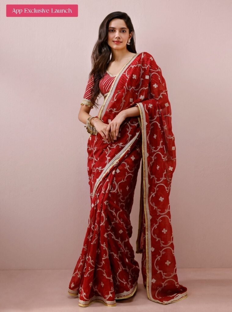 Eshna Organza Red Saree by Mulmul, South Asian ethnic wear