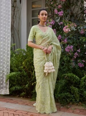 Roro Organza Green Saree by Mulmul, South Asian ethnic wear