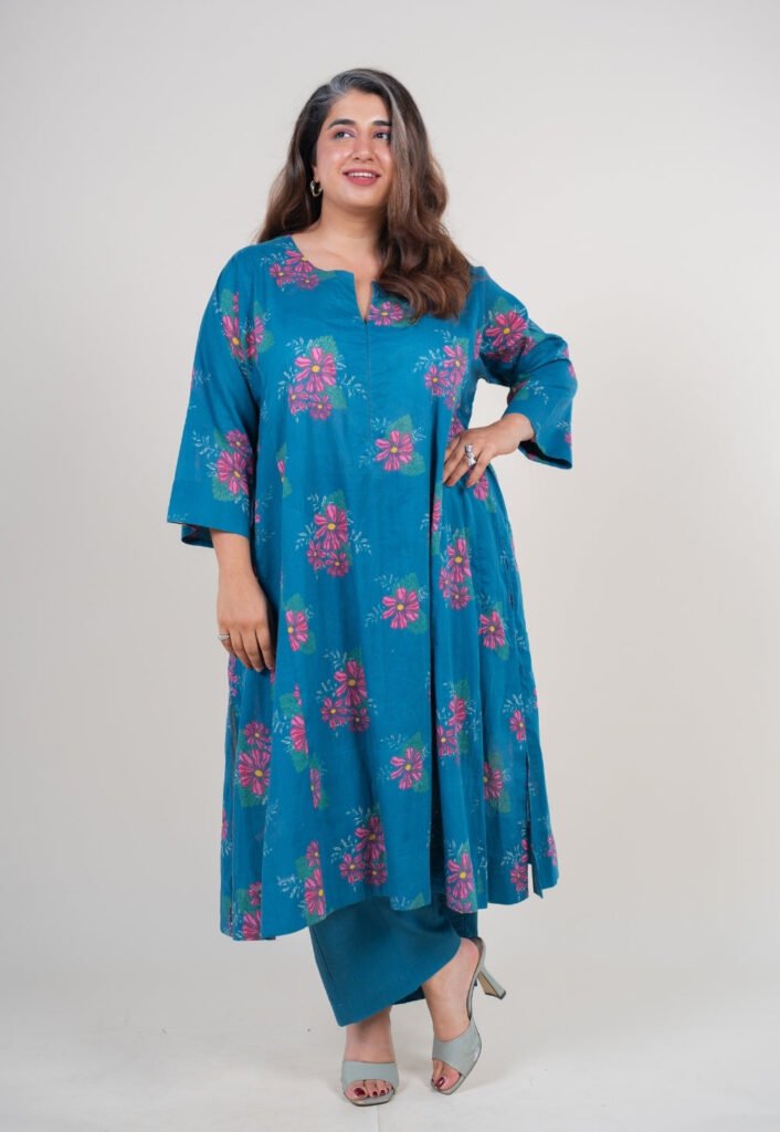 Amisha Ink Blue Printed Mul Jhabbha Kali Kurta by The Indian Ethnic Co., South Asian ethnic wear