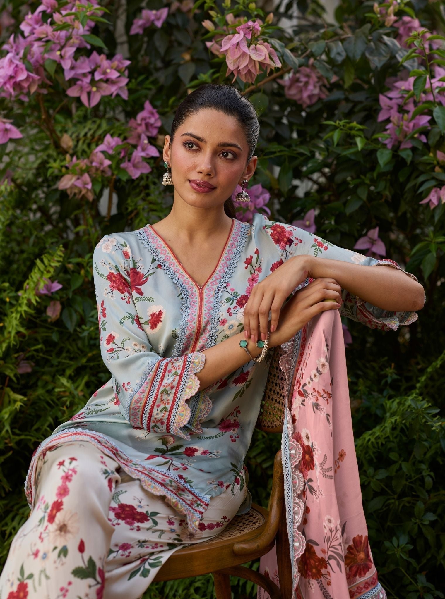 Kena Cupro Satin Blue Kurta Set by Mulmul, South Asian ethnic wear