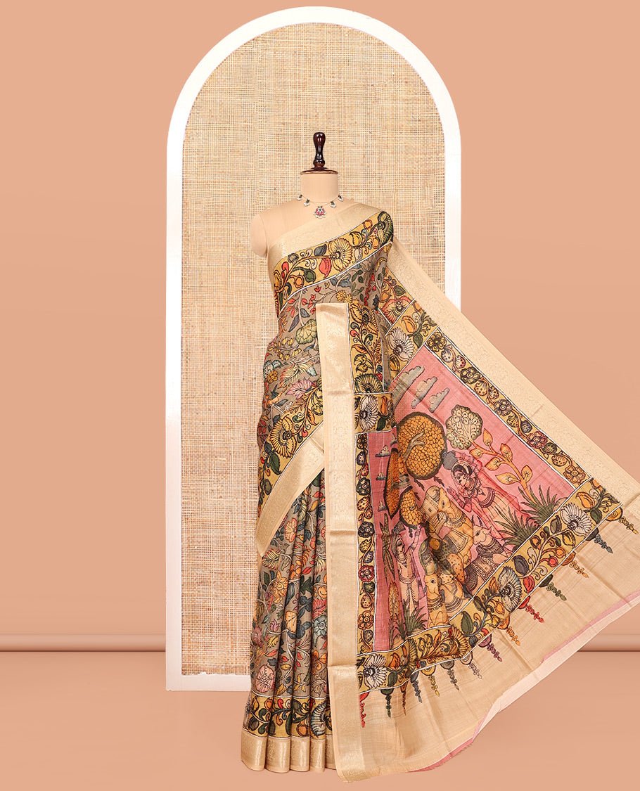 Grey Kalamkari Printed Semi-Banarasi Tussar Saree, Adorned With Floral Vine, Contrast Border, Pallu Of Lord Krishna Design, And A Contrast Blouse