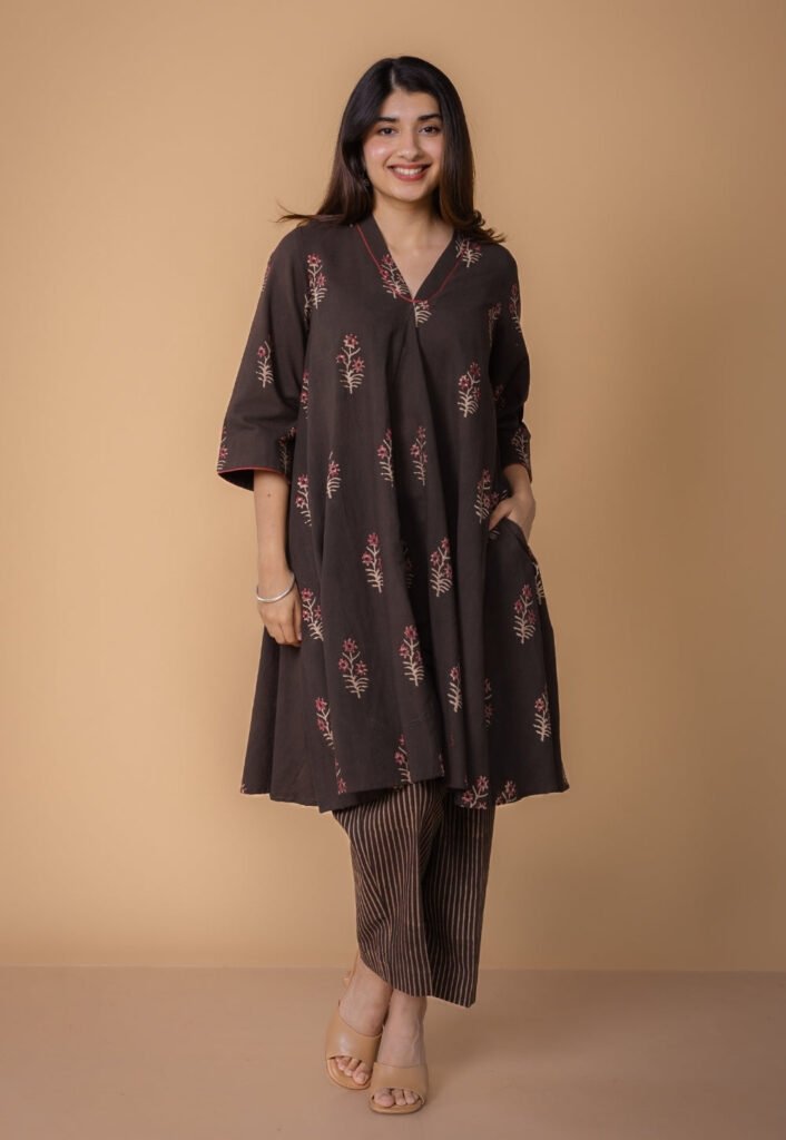 Amairaa Brown Dabu Slub Cotton A Line Kurta by The Indian Ethnic Co., South Asian ethnic wear
