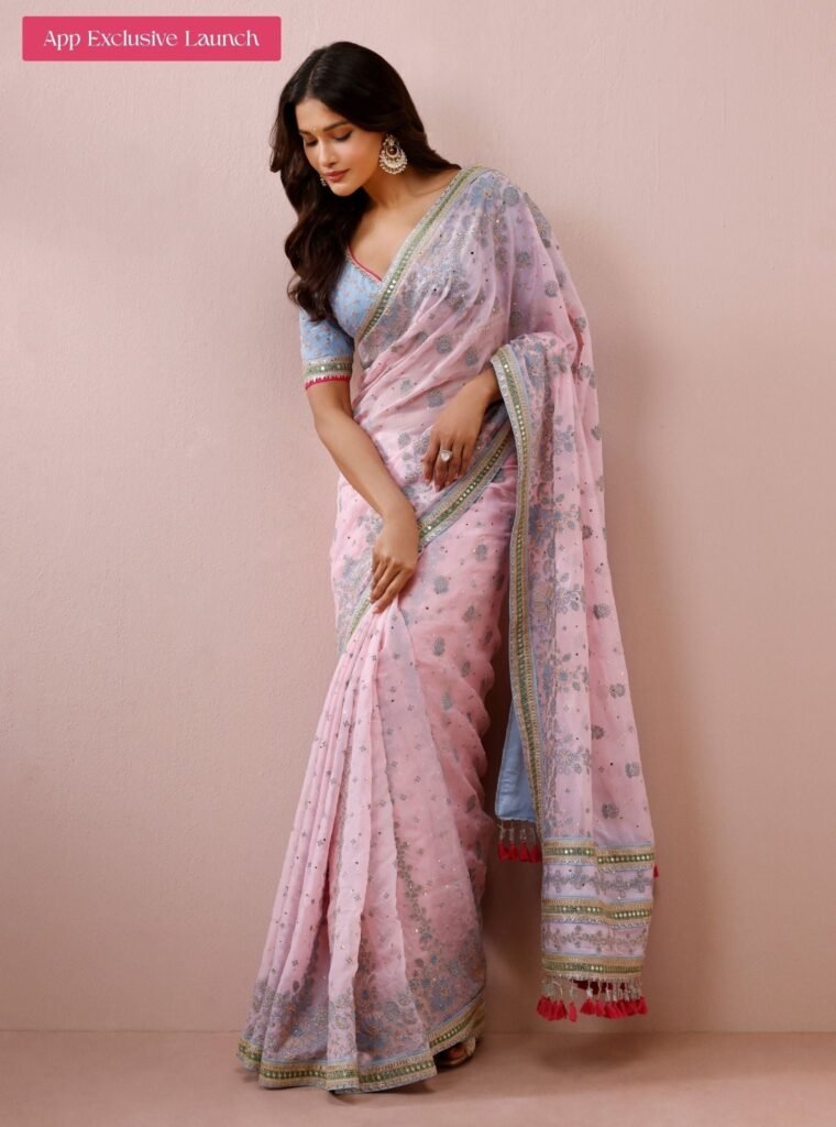 Lavi Organza Pink Saree by Mulmul, South Asian ethnic wear