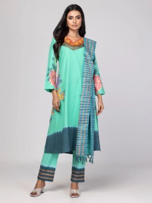 Dark Seafoam Green/dark Blue Tie-Dyed And Embroidered Viscose-Cotton Shalwar Kameez