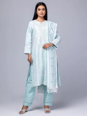 Light Sky Blue Printed And Embroidered Cotton Shalwar Kameez