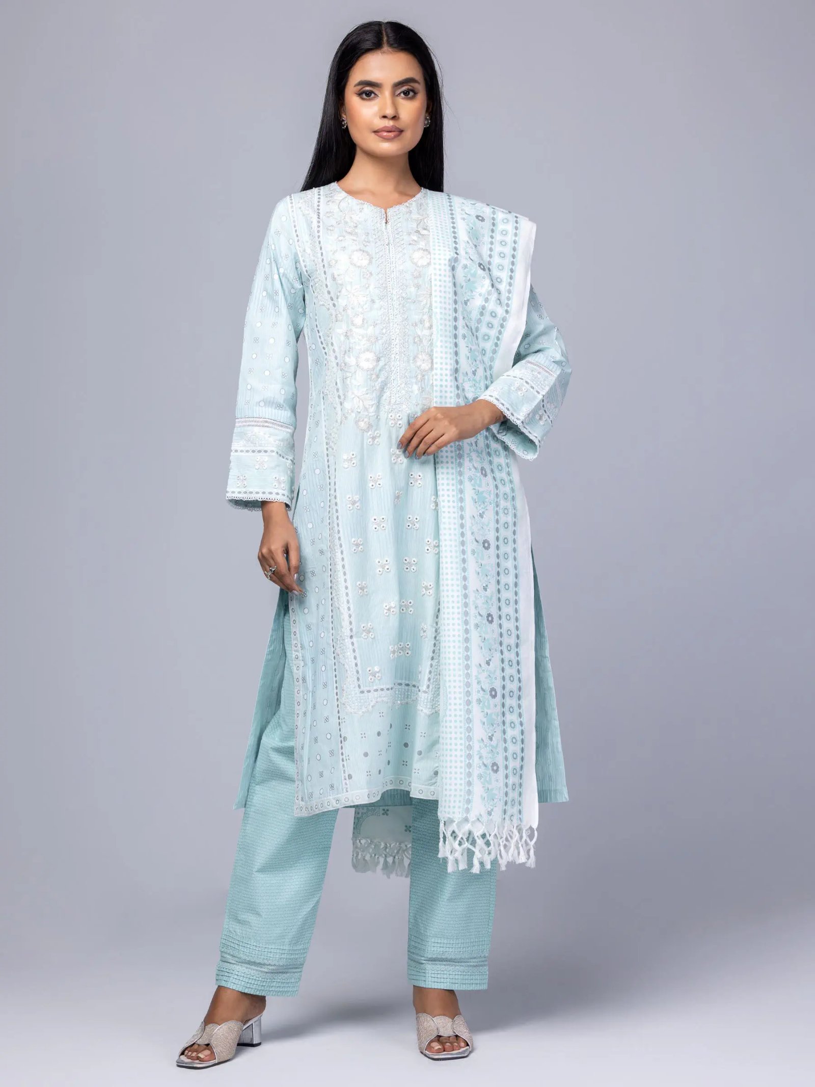 Light Sky Blue Printed And Embroidered Cotton Shalwar Kameez