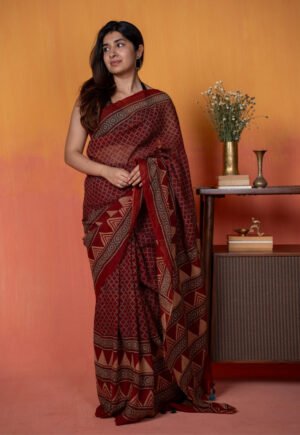 Red Geometric Ajrakh Hand Block Print Kota Doria Cotton Saree by The Indian Ethnic Co., South Asian ethnic wear