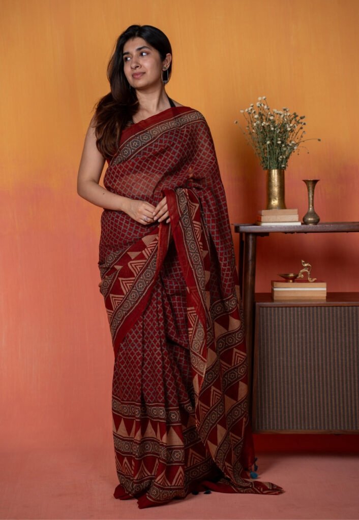 Red Geometric Ajrakh Hand Block Print Kota Doria Cotton Saree by The Indian Ethnic Co., South Asian ethnic wear