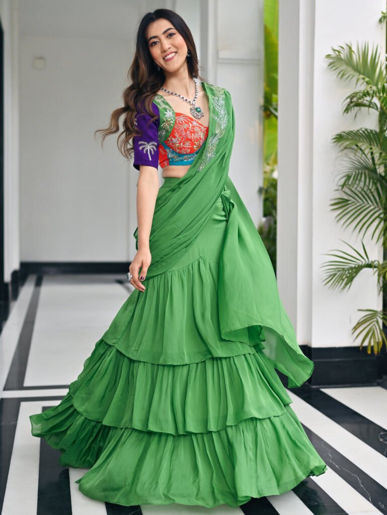 Tales Of Organza Sage Green Saree by Lavanya The Label, South Asian ethnic wear