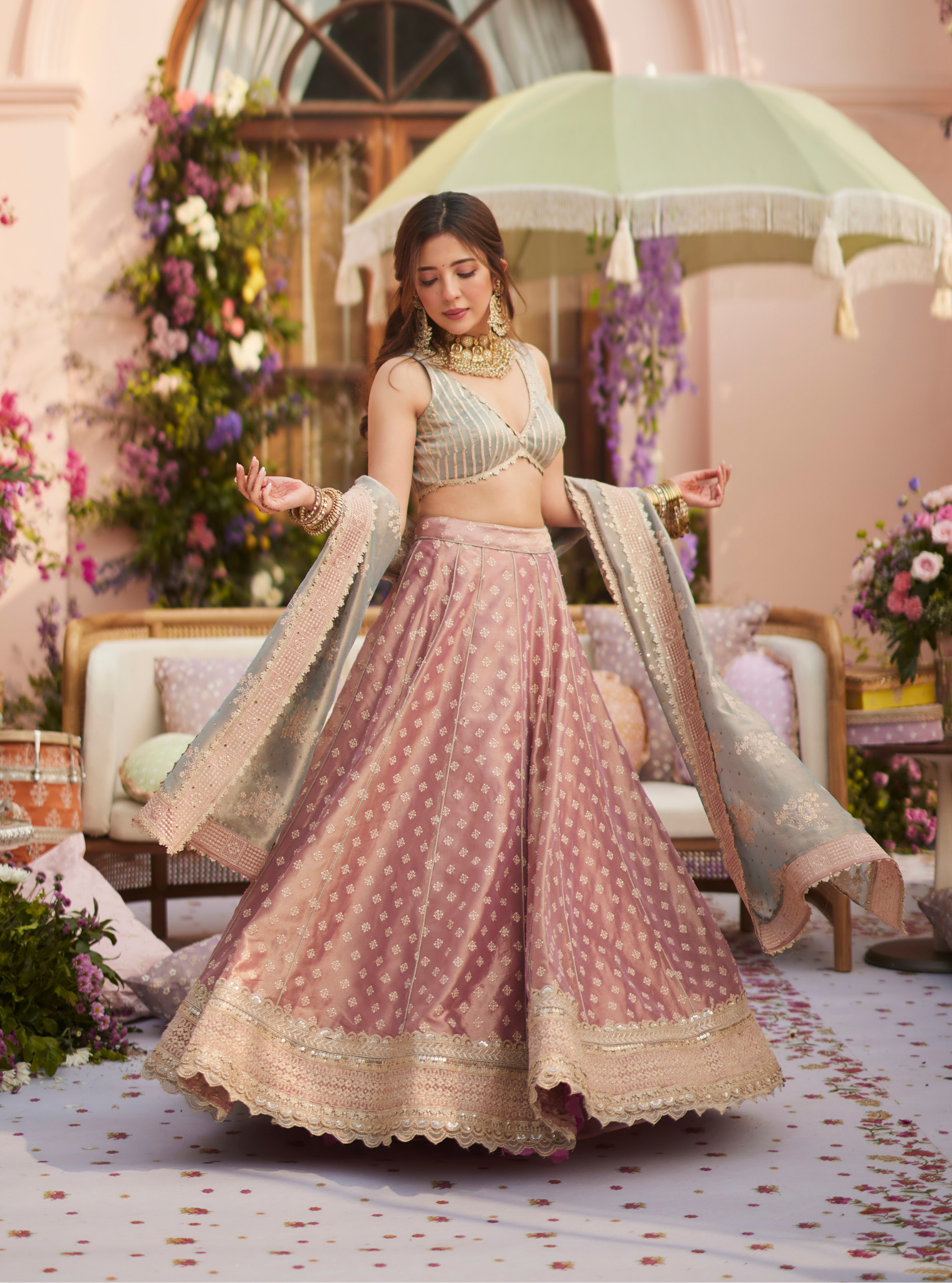 Bansuri Tissue Light Pink Lehenga by Mulmul, South Asian ethnic wear