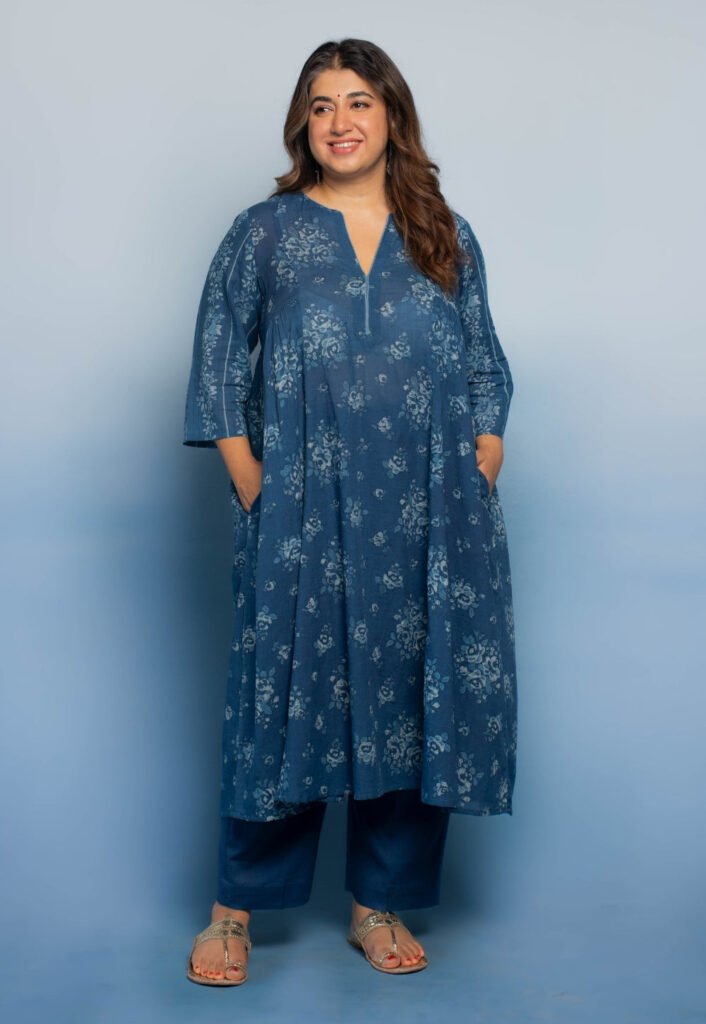 Drishti Blue Dabu Mul Cotton Kali Kurta by The Indian Ethnic Co., South Asian ethnic wear