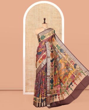 Brown Kalamkari Printed Semi-Banarasi Tussar Saree, Enriched With Floral Design, Zari Border, Contrast Lord Krishna Printed Pallu, And A Contrast Blouse by Pothys, South Asian ethnic wear