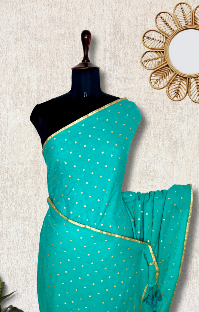 Exp – Handwoven Cotton Saree – Turquoise Blue + Golden by Tamara Chennai, South Asian ethnic wear