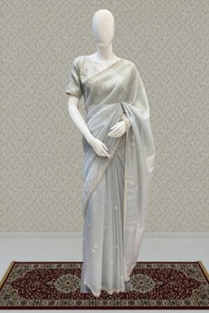Light Grey Saree With Sequins, Pearl And Beads Work by Seasons Chennai, South Asian ethnic wear